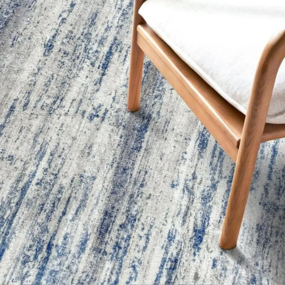 New Modern Abstract 2x3 Entryway Rug, Washable Non-Slip Faux Wool Mat, Grey-Blue